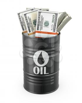 Barrel of oil with dollars inside, isolated on white background