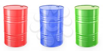 Three single red barrels, red, green and blue isolated on white background