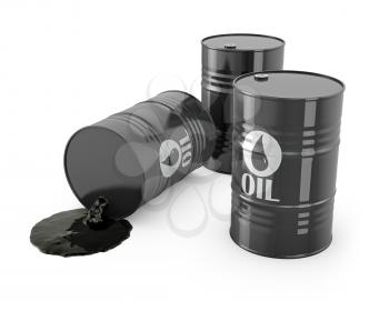 Three barrels and spilled oil, isolated on white background