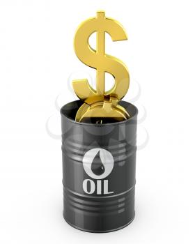 Barrel of oil full of dollar signs isolated on white background