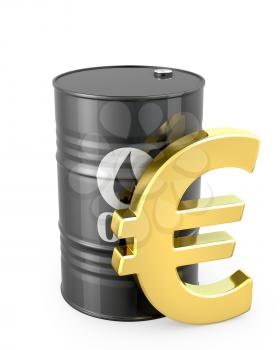 Barrel of oil and euro sign isolated on white background