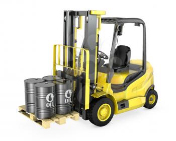Yellow fork lift lifts four oil barrels, isolated on white background