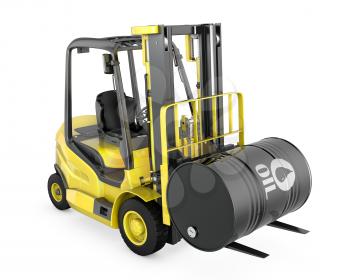 Yellow fork lift lifts oil barrel, isolated on white background