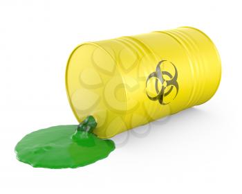 Toxic waste spilling from barrel, isolated on white background