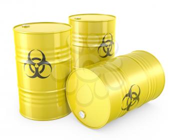 Three yellow barrels with biohazard symbol, isolated on white background