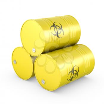 Three yellow barrels with biohazard symbol, isolated on white background