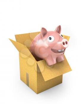 Piggy bank in a carton box, isolated on white background