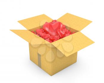 Carton box full of hearts, isolated on white background
