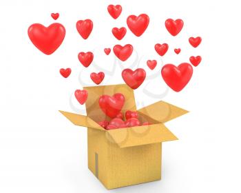 Carton box with a lot of flying out hearts, isolated on white background