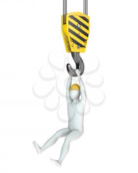 Worker hangs on crane hook, isolated on white background