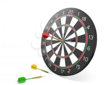 One dart hit the center of board and two missed, isolated on white background