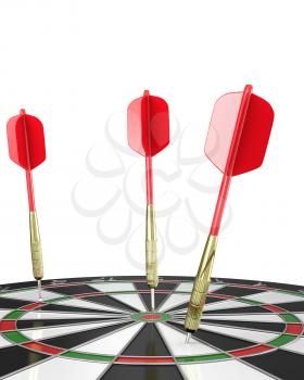 Three darts stuck in a board, top view, isolated on white background