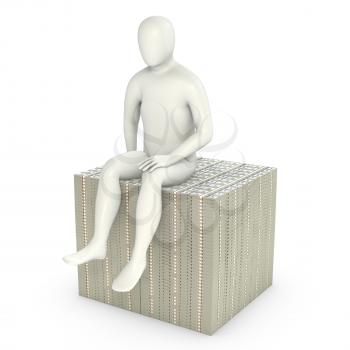 Abstract white man sits on pack of dollars, isolated on white background