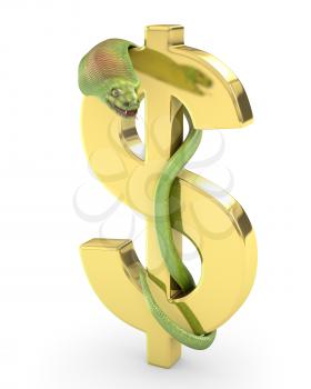 Green cobra on a gold dollar sign, isolated on white background