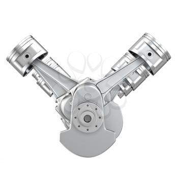 V8 engine pistons on a crankshaft, front view, isolated on white background