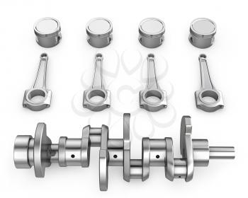 Crankshaft, pistons and connecting rods, isolated on white background
