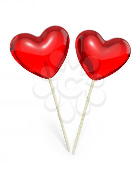 Two heart shaped lollipops, isolated on white background