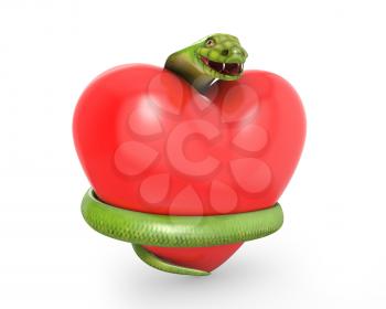 Green cobra on a red heart, isolated on white background