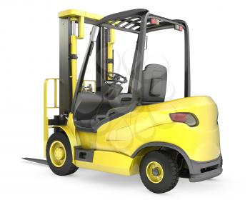 Yellow fork lift truck, rear view, isolated on white background