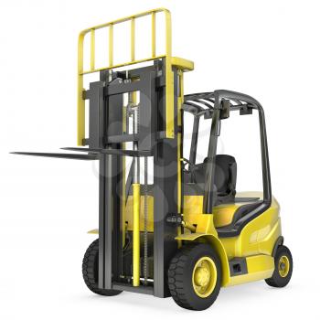 Yellow fork lift truck with raised fork, front view,  isolated on white background