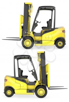 Yellow fork lift truck side view, isolated on white background