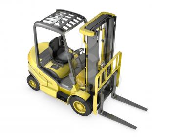 Yellow fork lift truck, top view, isolated on white background