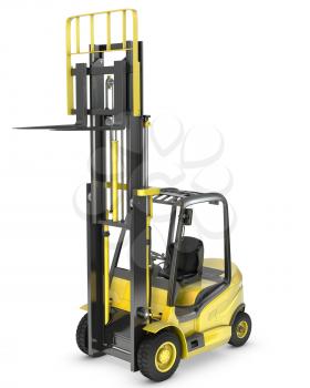 Yellow fork lift truck with raised fork, isolated on white background