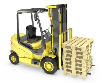 Yellow fork lift truck, with stack of pallets, isolated on white background