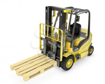 Yellow fork lift truck with pallet, isolated on white background
