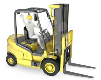 Abstract white man in a fork lift truck, isolated on white background