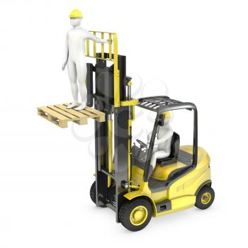 Abstract white man in a fork lift truck, lifting other worker on a fork, isolated on white background