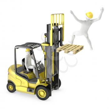Abstract white man falling from lift truck fork, due to safety violation, isolated on white background