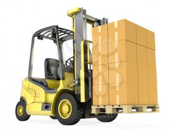 Yellow fork lift truck with big stack of carton boxes, isolated on white background