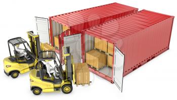 Two yellow lift truck unloading containers, isolated on white background