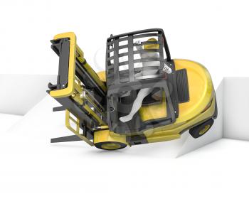 Yellow fork lift truck falling after turning on slope, isolated on white background