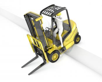 Yellow fork lift truck stuck after falling from ramp, isolated on white background