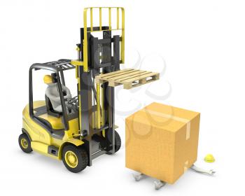 Worker was hit by cardoard falling from lift truck fork, isolated on white background