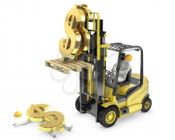 Dollar sign fell from fork lift truck and hit worker, isolated on white background