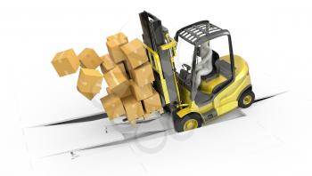 Fork lift truck with heavy load crashing through floor, isolated on white background