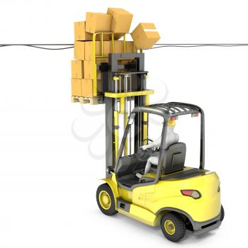 Fork lift truck with high load hits wires, isolated on white background