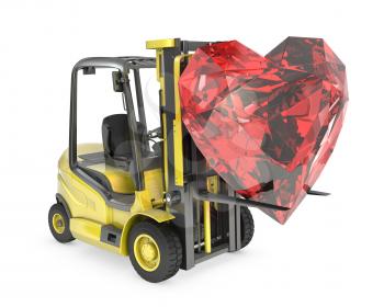 Fork lift truck lifts heart cut ruby, isolated on white background