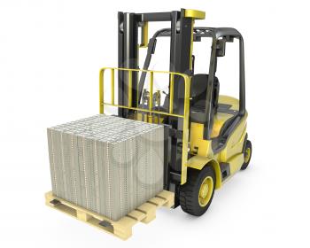 Yellow fork lift truck moves stacked dollars, isolated on white background