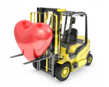 Fork lift truck lifts red heart, isolated on white background