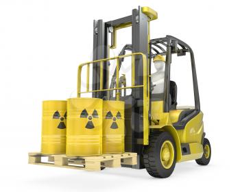 Fork lift truck with radioactive barrels, isolated on white background