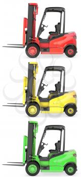 Three fork lift trucks colored as traffic lights, isolated on white background