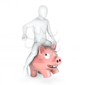 Abstract white man holds rides on piggy bank, isolated on white background