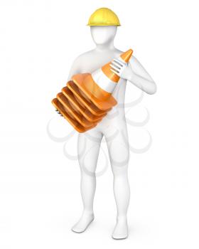 Worker with a stack of road cones, isolated on white