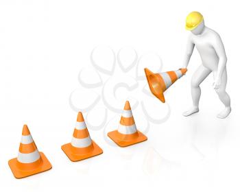 Abstract white guy places road cones, isolated on white background