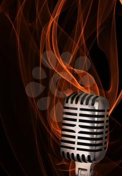 Shiny classic microphone on abstract flame background