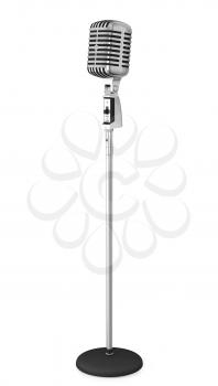 Classic microphone on a long stand, isolated on white background